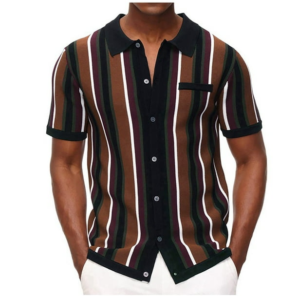 Men’s Short Sleeve Knit Button Down T-Shirts Slim Fit Vintage Stripe Lapel  Sweater Casual Business Dress Shirt