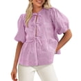 thumbnail image 1 of Blusa PRETTYGARDEN para mujer con lazo en la parte delantera a rayas moradas y rojas, 1 of 9
