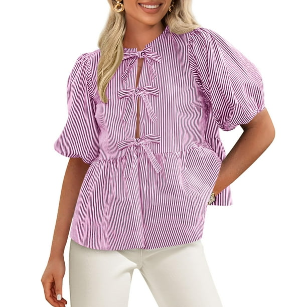 Blusa PRETTYGARDEN para mujer a rayas con lazo en la parte delantera y manga abullonada