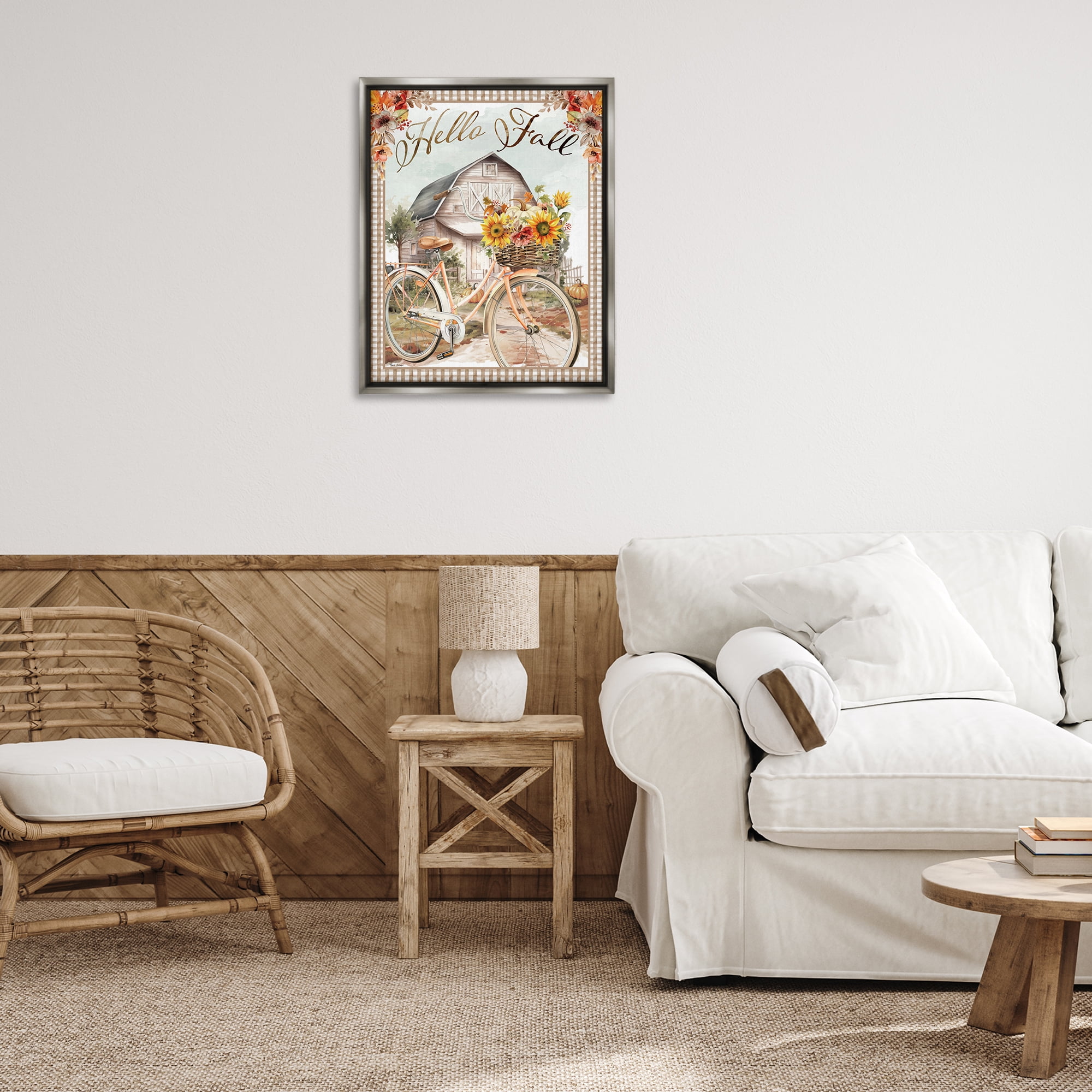 Stupell Industries Hello Fall Cottage Bicycle Botanical & Floral Painting Gray Floater Framed Canvas Art Prints Wall Art, 25 x 31