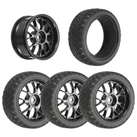 4-Pair High-Grip RC Car Tire & Wheel Set for 1/10 On-Road Touring Cars - Soft Rubber Tyres with 12mm Hubs, Black, Type I
