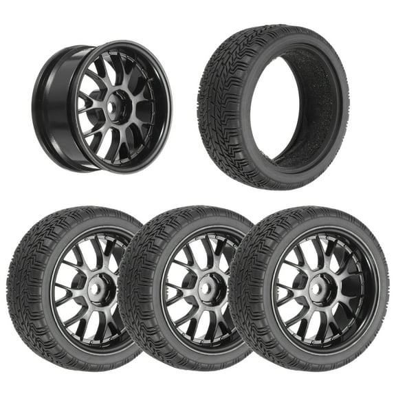4-Pair High-Grip RC Car Tire & Wheel Set for 1/10 On-Road Touring Cars - Soft Rubber Tyres with 12mm Hubs, Black, Type I