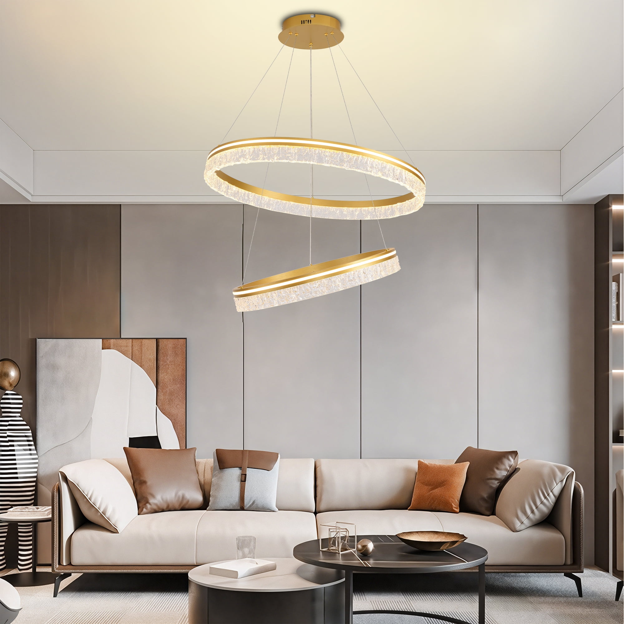 Modern 2-Ring Gold LED Chandelier, Dimmable Pendant Light with Remote, Adjustable Height Ceiling Fixture for Kitchen Island, Dining Room, Bedroom