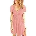 thumbnail image 1 of Vestido de mujer con botones de cintura alta, color rosa, escote en V, mangas cortas y detalle de botones en la parte delantera, talla L, primavera/verano, 1 of 6
