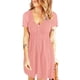 thumbnail image 1 of Vestido con botones delanteros y cuello en V Vestido frontal con botones de cintura alta y manga corta para mujer Primavera Verano Rosa M, 1 of 6