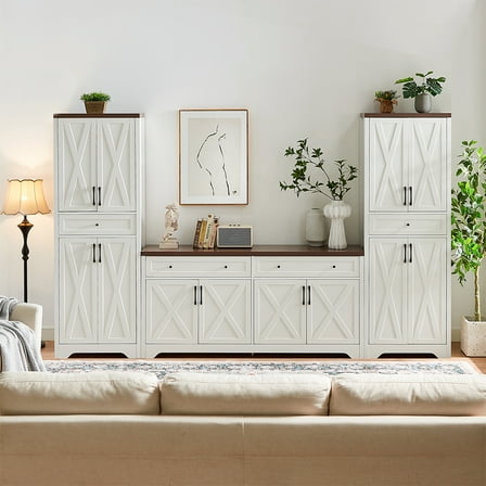 TrumanPick 3Piece Sideboard, Buffet Cabinet and Kitchen Storage Pantry & TV Cabinet Set, White/Walnut