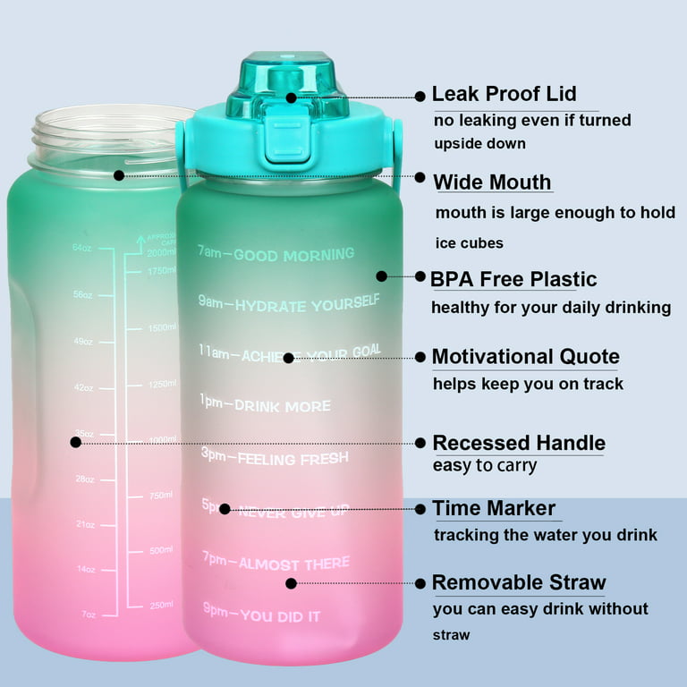  2 Pack 64 oz Half Gallon Water Bottle with Time Marker