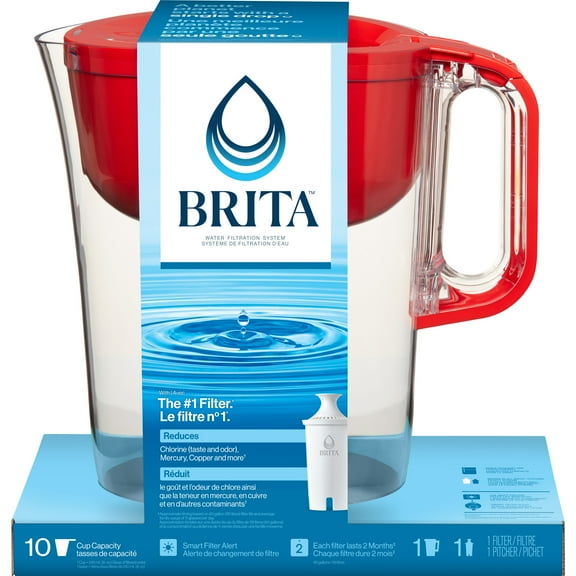 Brita Large 10 Cup Red Huron Water Filter Pitcher with 1 Standard Filter, Made Without BPA