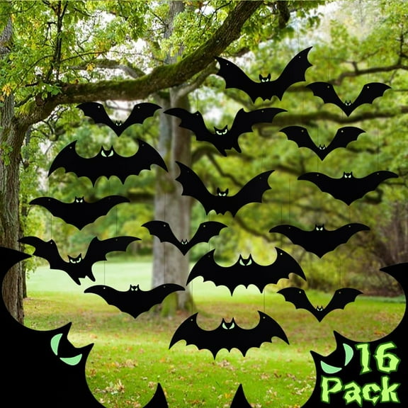 Hanging Bats Halloween Decorations Outdoor - 16 Pack Large Flying Bats 5 Different Size, Waterproof Plastic Black Bats with Glowing Eyes Hanging in Tree Outside Décor for Porch, Lawn