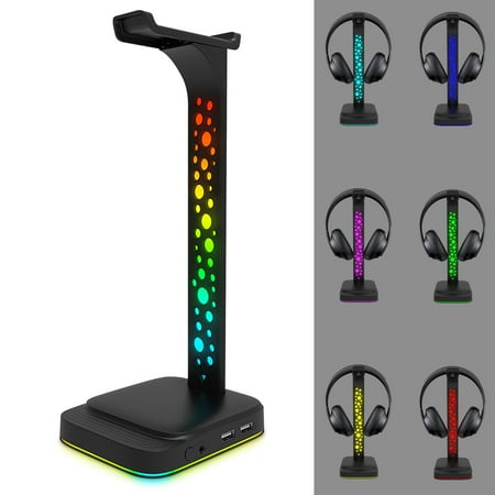 RGB Controller Headset Stand, TSV Gaming Headphones Holder Stand, Earphone Hanger Rack with 2 USB 2.0 Charging Ports + + 3.5mm Audio Ports + 9 Light Modes for Gamer Desktop PC Game