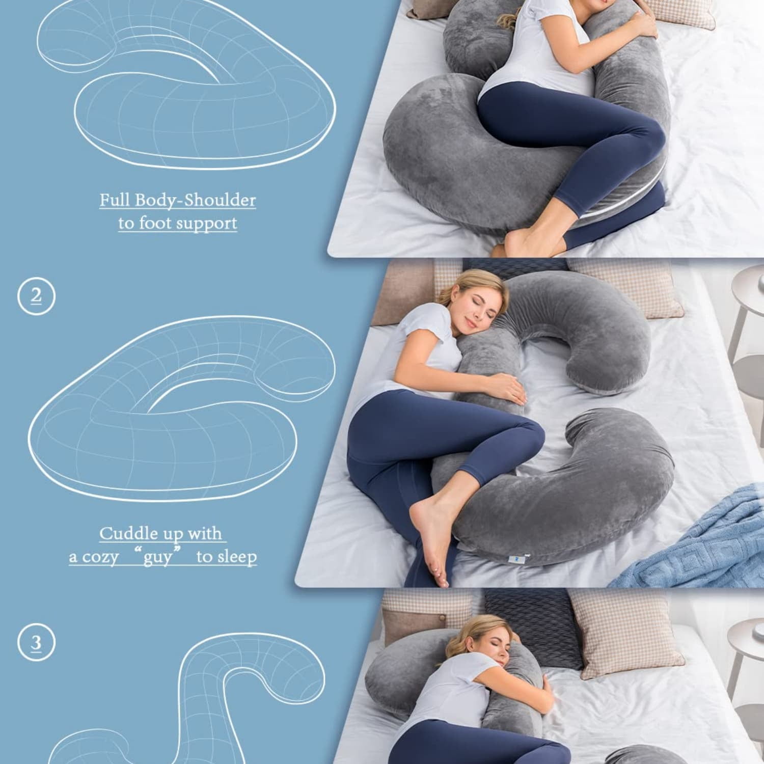 Pregnancy Pillow,Maternity Body Pillow with Velvet Cover,C Shaped Body Pillow for Sleeping (Grey)
