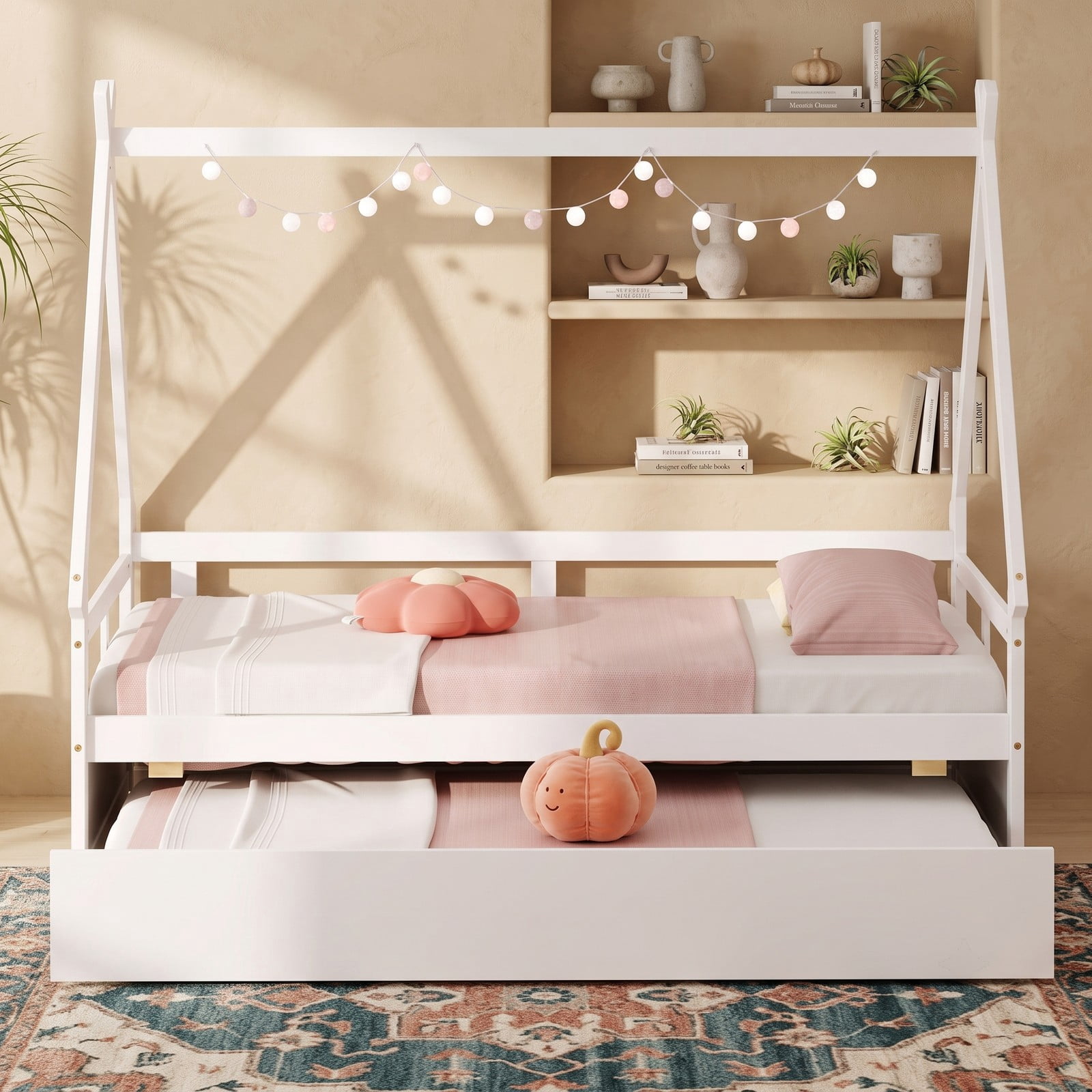 Furnibear Twin Bed Frame, Montessori House Bed with Pull Out Trundle, Safety Guardrail and Wooden Slat Support for Kids Room, White