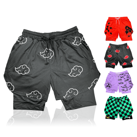 Anime Shorts - Breathable Mesh Basketball Workout Sweat Stretch Compression Lined Workout Gym Short with Soft Pockets and Towel Holder (L-BlackC)