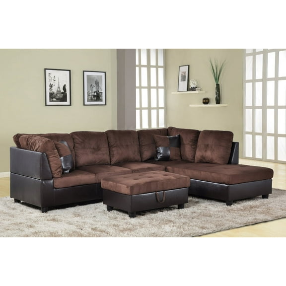 Hermann Right Chaise Sectional Sofa With Storage Ottoman, Chocolate Brown, Microfiber