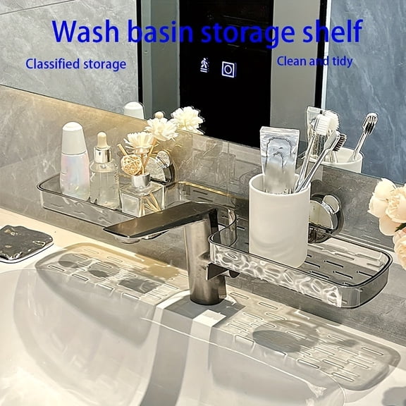 Wall Mount Bathroom Organizer No Drill Suction Cup Storage Multi Compartment Chrome for Sink Countertop