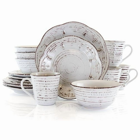 Rustic Birch Stoneware Round Dinnerware Set - White - 16 Piece