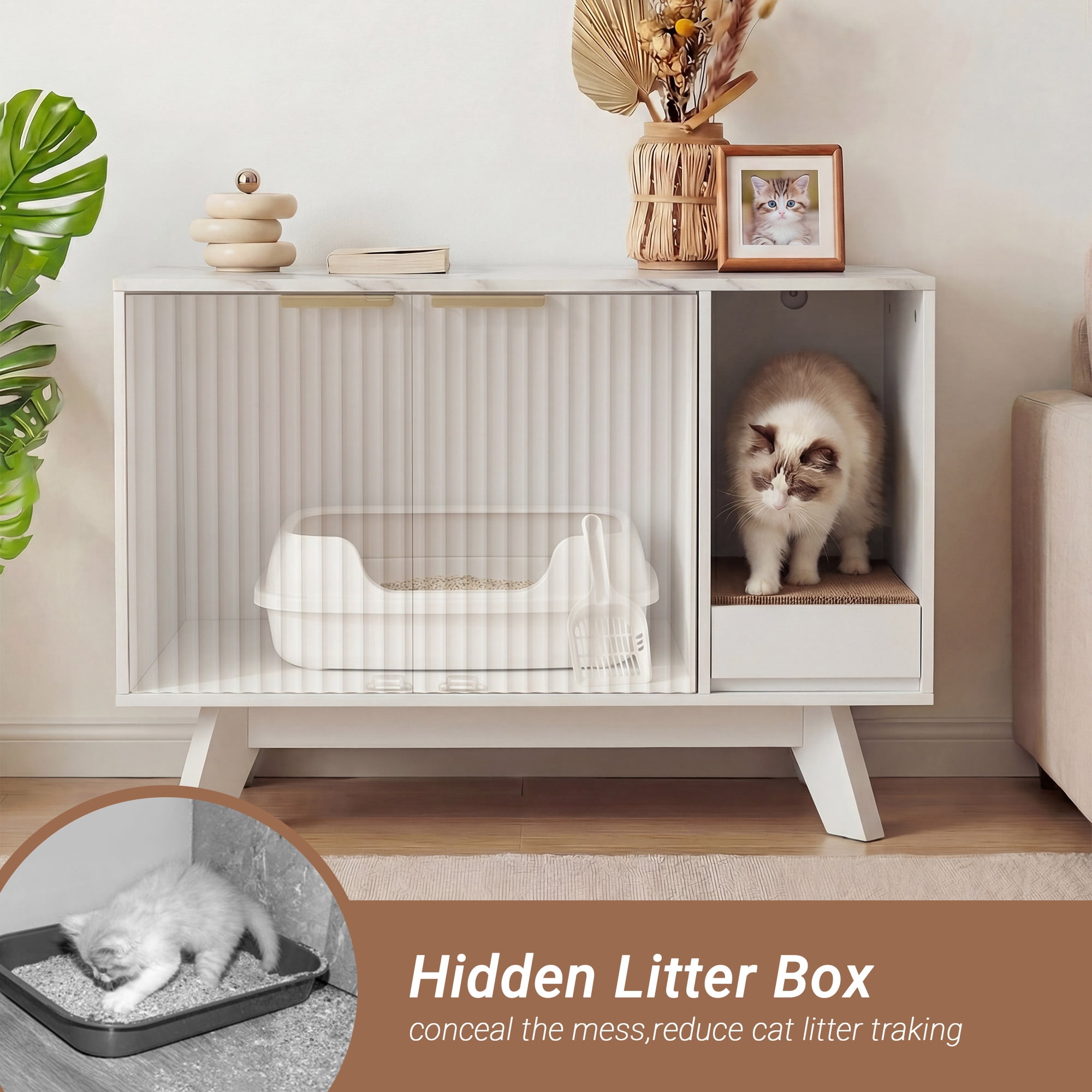 Innovar Modern Cat Litter Box Enclosure - 31.5" Hidden Cat Litter Box Furniture for 2 Cats, Indoors Cats Washroom Cabinet with Divider & Scratching Pad for Living Room Bedroom,White/Marble Top