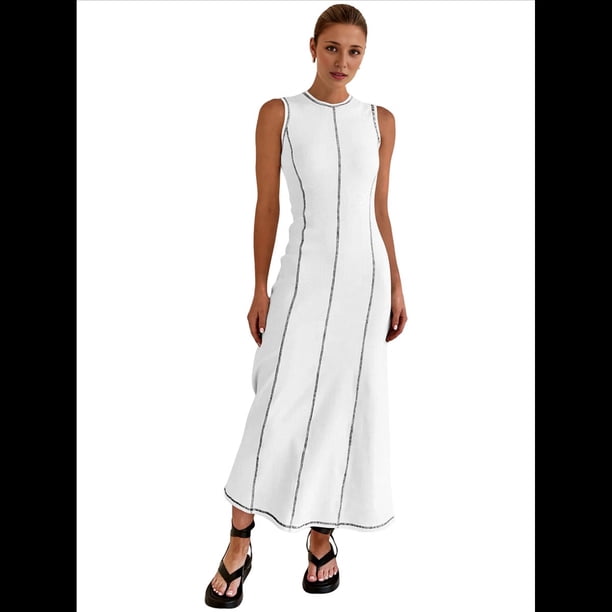 Vestido Camisero Sin Mangas para Mujer, de Verano, de Punto Acanalado en Contraste, Maxivestidos. M