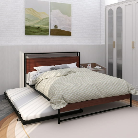 Queen Size Metal Platform Bed Frame with Trundle, USB Ports and Slat Support ,No Box Spring Needed Black