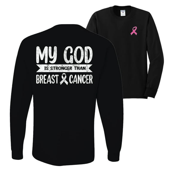 Wild Bobby My God Is Stronger Than Breast Cancer White Distressed Breast Cancer Awareness Front and Back Mens Long Sleeve Shirt, Black, Small