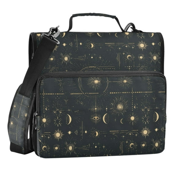 Zipper Binder Gold Stars Sun Moon 1.5 Inch Binder Folder Bag with Shoulder Strap and Handle
