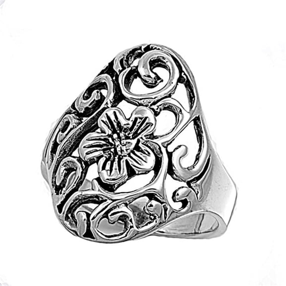 Wide Floral Antiqued Plumeria Flower Ring .925 Sterling Silver Band Jewelry Female Male Size 6
