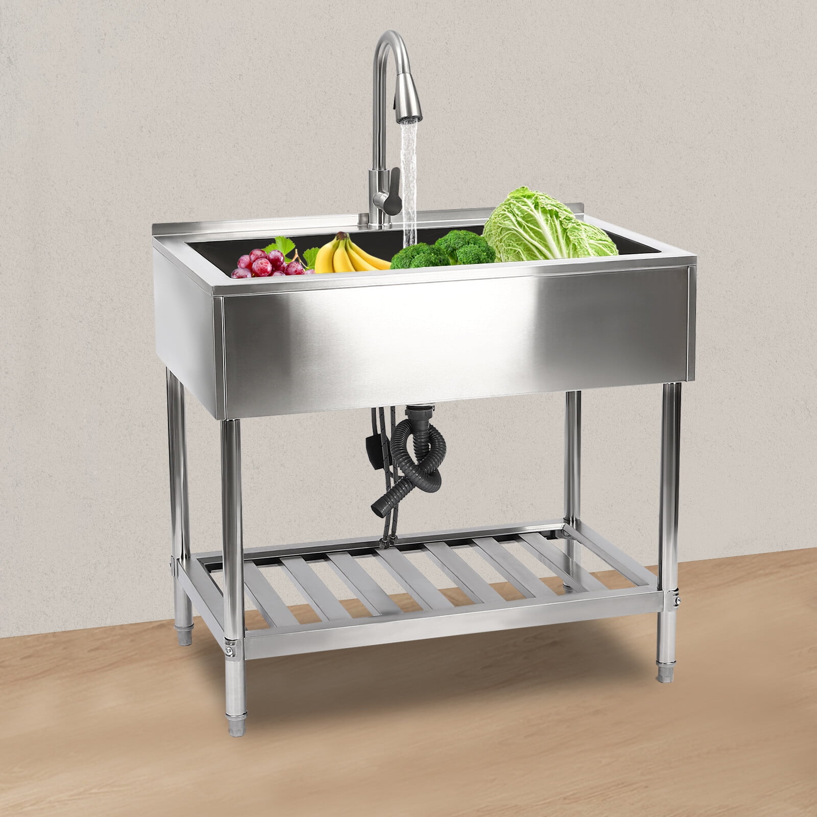 Stainless Steel Utility Sink, Freestanding Single Bowl Laundry Sink with Hot and Cold Pull-Out Faucet, Adjustable Feet & Storage Shelf for Kitchen Laundry Room Restaurant, 36" x 22" x 34"
