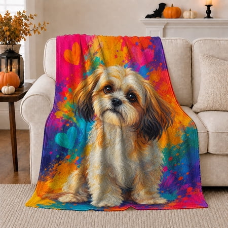 Colorful Shih Tzu Portrait Dog Lovers Flannel Blanket Warm Cozy Watercolor Heart Design Perfect Birthday Gift for Pet Owners in Living Room and Bedroom Home Decor