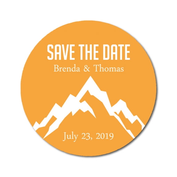 Darling Souvenir Round 45 Pcs Mountain Save The Date Stickers Personalized Bride Groom Names and Date Envelope Seals- Pale Orange