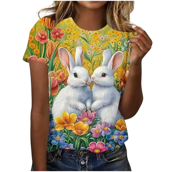 Plus Size T-shirts Womens Easter Day Graphic Tee Cute Bunny & Eggs Printed Short Sleeve Crewneck Holiday Tops (XL, Multicolor)