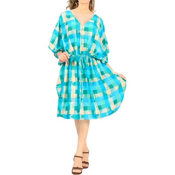 HAPPY BAY Women's Summer Loungewear Relaxed Fit Caftan Mini Casual Sundress 2X-3X Turquoise, Checks