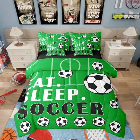 Soccer Twin Comforter Set with Sheets Sports Bedding Sets Football Bed in a Bag Soccer Ball Games Bed Set Football Room Decor Sheets Teen 7 Pcs Green