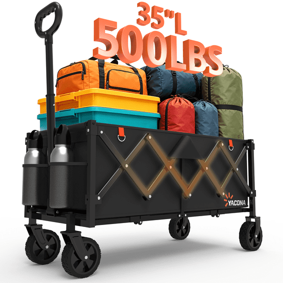 Yacona 35" L Extra Long Wagons Carts Foldable, 180L Capacity Beach Wagon, Heavy Duty Rolling Cart with Wheels, Black