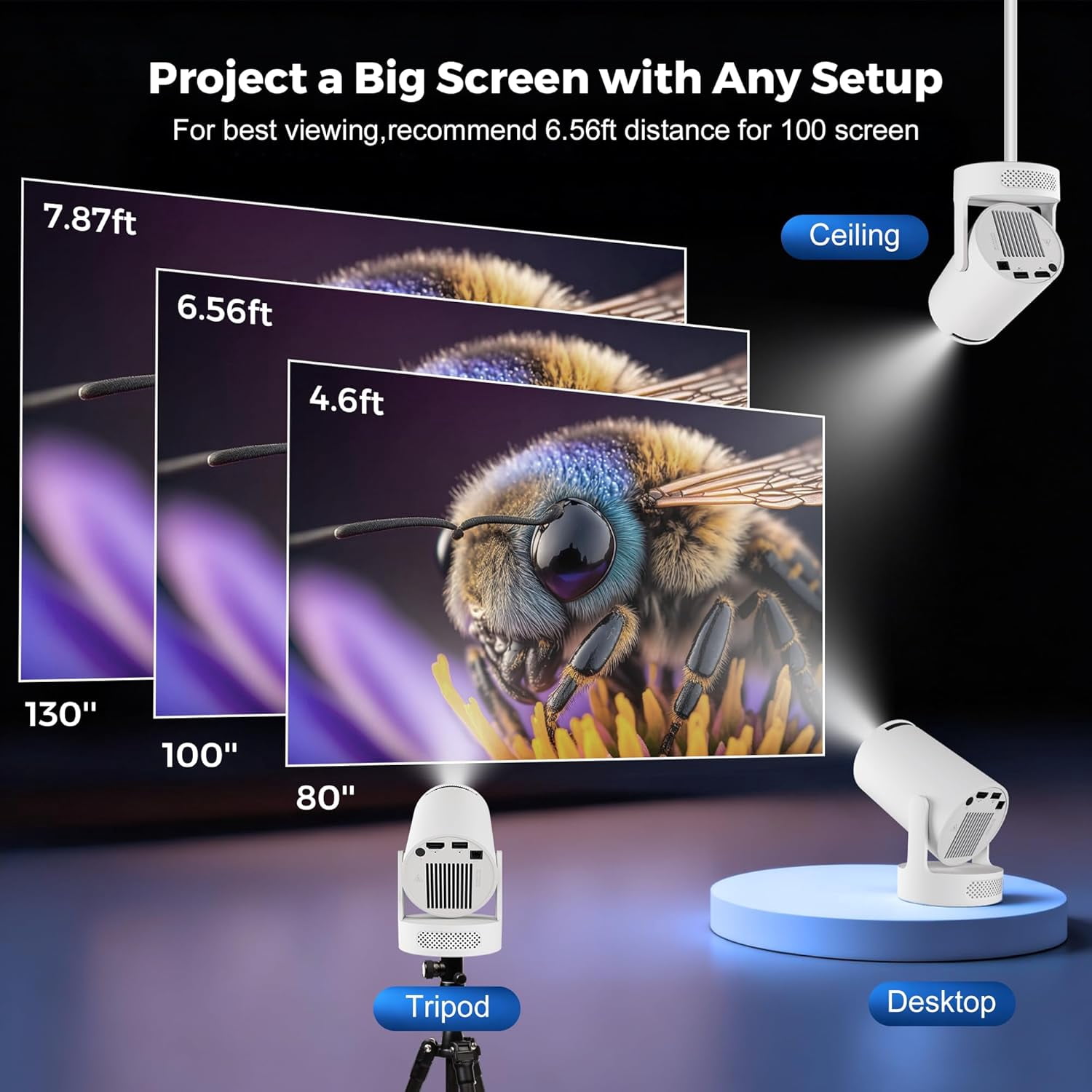 Projector with Wifi , 4K Portable Projector 200 ANSI Lumens Auto  180 Rotatable 5W Speaker for Outdoor Bedroom