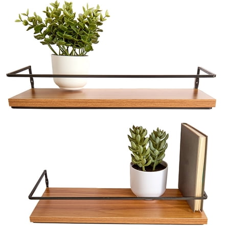 Floating Wall Mounted Wood Shelves with Metal Bar - Set of 2