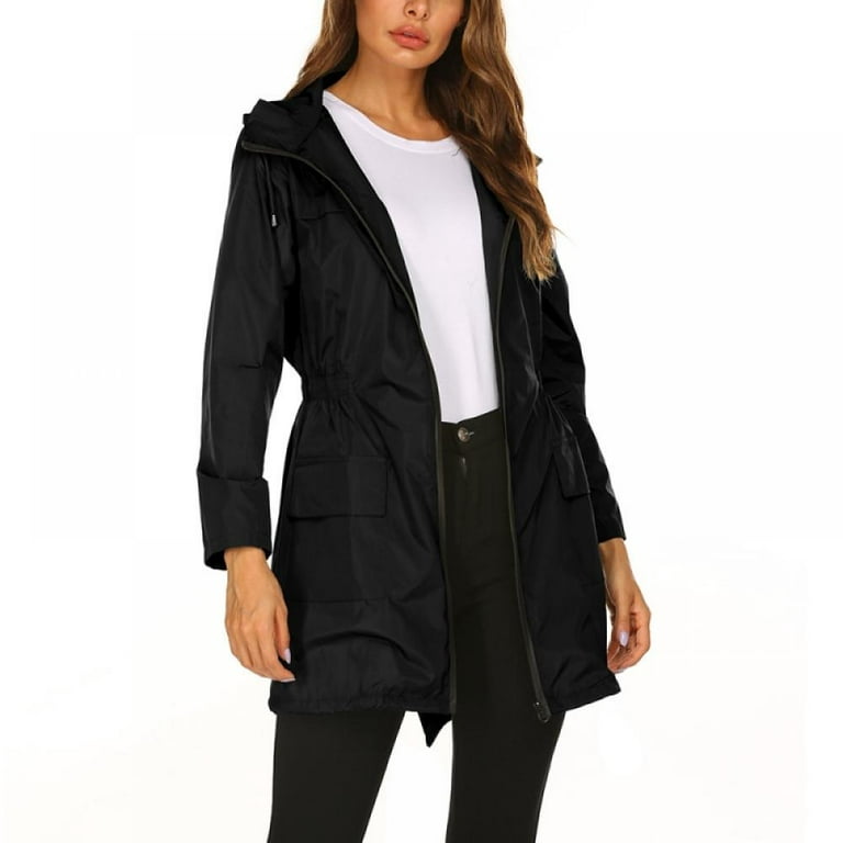 Women Light Rain Jacket, Waterproof Active Outdoor Trench Raincoat with  Hood Lightweight Plus Size for Girls, S-2XL, Black