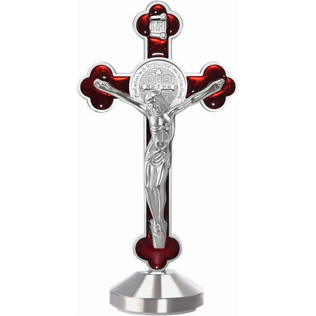 2Pcs 3 Inch Alloy Enamel Saint Benedict Standing Crucifix Luminous Glow in The Dark Crucifix Wall Cross with Sticker on bottom to stick on Table Top,Car or Home Alter