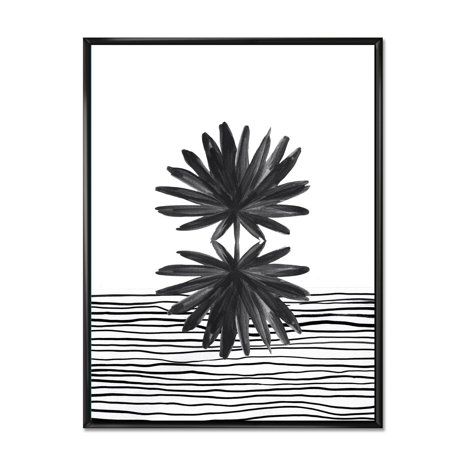 Designart Black and White Tropical Leaf On Striped II FLOAT FRAME WALL ART