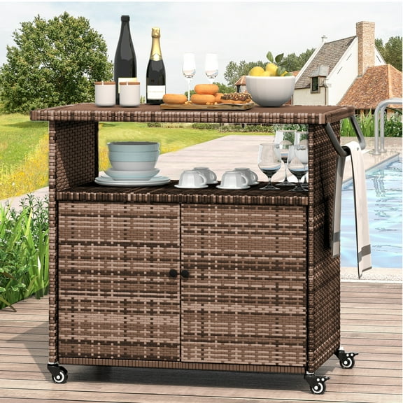 YODOLLA Outdoor Wicker Bar Table with Wheels & Shelf Patio Serving Table Outdoor Storage Cabinet, Brown