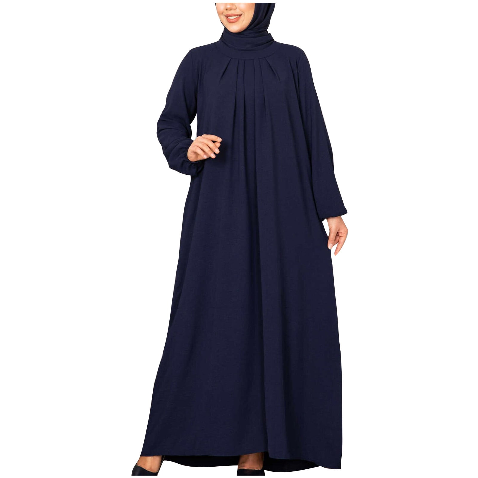 FPOVFPO Women's Abaya Dress - One Piece Muslim Prayer Dress With Hijab, Solid Navy Blue, Full Length Kaftan
