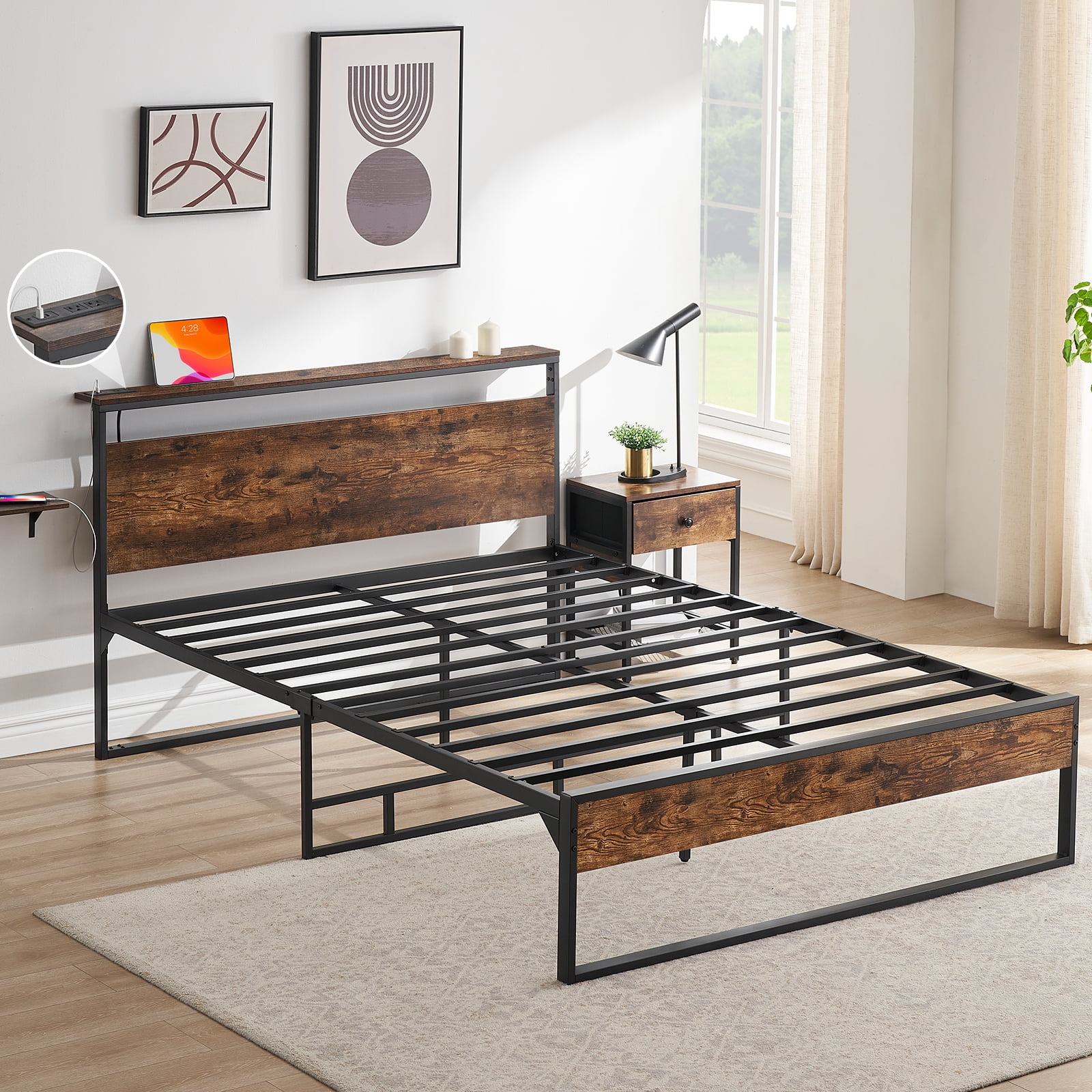 Behost 14" Full Bed Frame with Headboard , Power Outlets Platform Beds