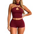 thumbnail image 3 of Arlun Women's 2 Piece Outfits Sleeveless Cut out Halter Top Bodycon Mini Shorts Set Y2k Solid Color Stretchy Slim Fitted Summer Matching Sets or Night out Club Party Wear Red S, 3 of 5