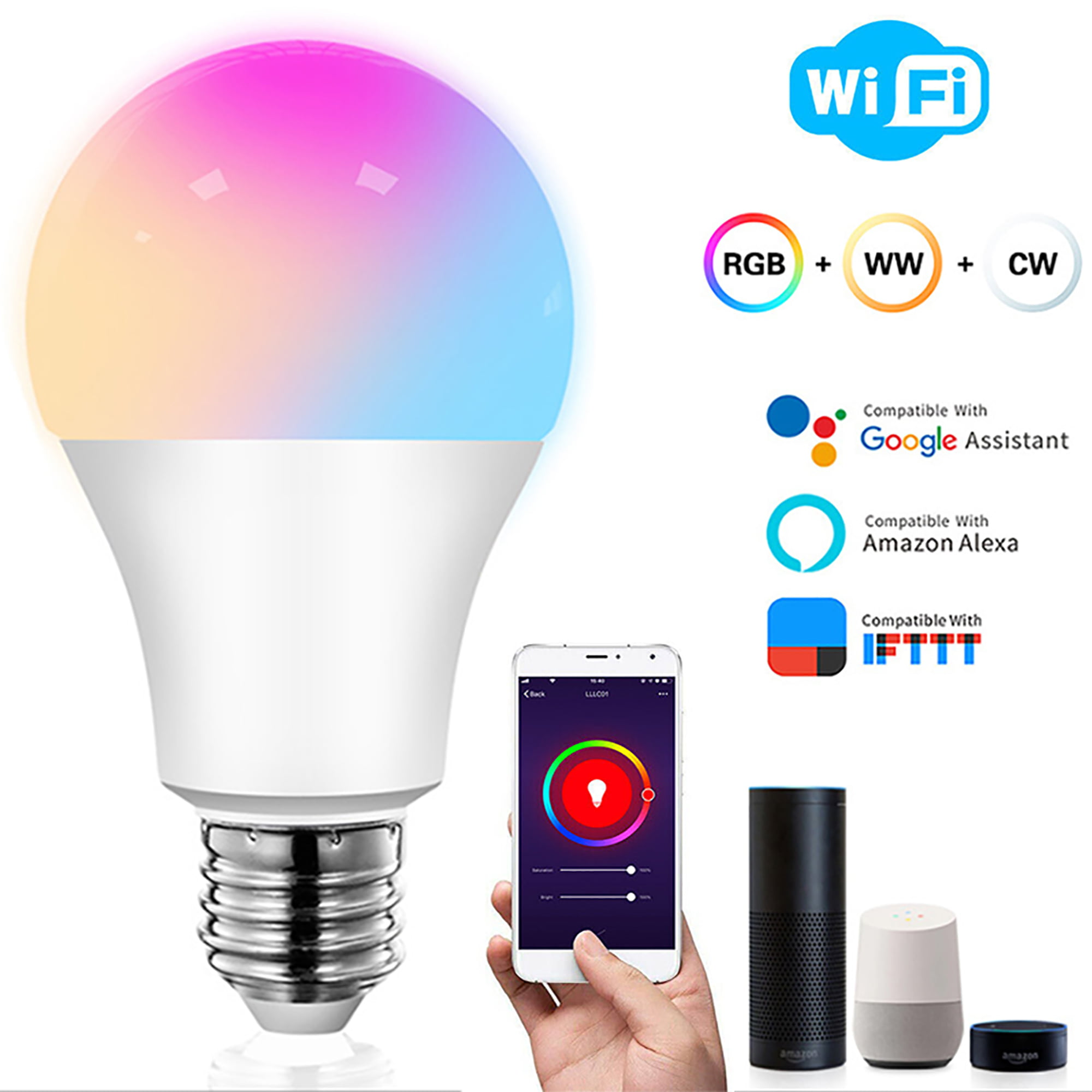 9W WIFI Smart E27 LED Light Bulb RGB Dimmable For Alexa Google APP Control 