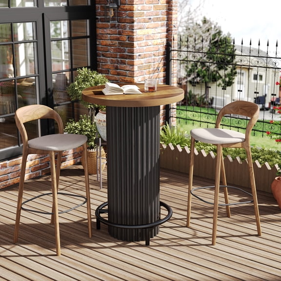 Finmind 39.4" Round Bar Table, Tall Bistro Pub Table with Metal Footrest, Small Wooden Cocktail Table for Dining Room, Living Room, Balcony, Brown Black
