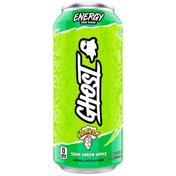 GHOST® ENERGY Zero Sugar Energy Drink, WARHEADS Sour Green Apple, 200mg Natural Caffeine, 16 fl oz Can