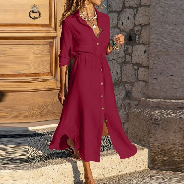 CHOK Robes d'Été pour Femmes Couleur Unie à Simple Boutonnage Col à Revers Robe Chemise en Coton Lin Marine m