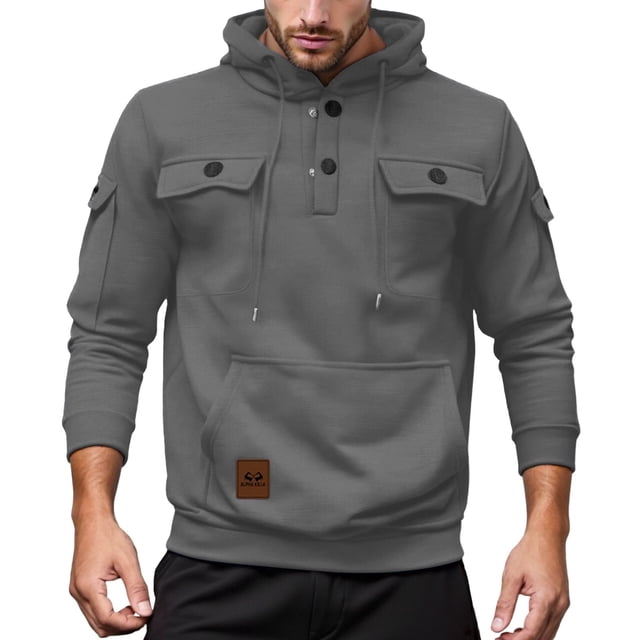 SNPOSN Men's Cotton Blend Hoodie Men's Heavyweight Lined Hooded Sweatshirt Outdoor Sports Pullover with Multiple Pockets for Fall And Winter Wear Grey XXL