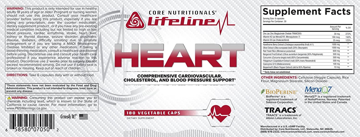 Core Nutritionals Lifeline Heart Comprehensive Cardiovascular, Cholesterol, and Blood Pressure Support, 180 Capsules