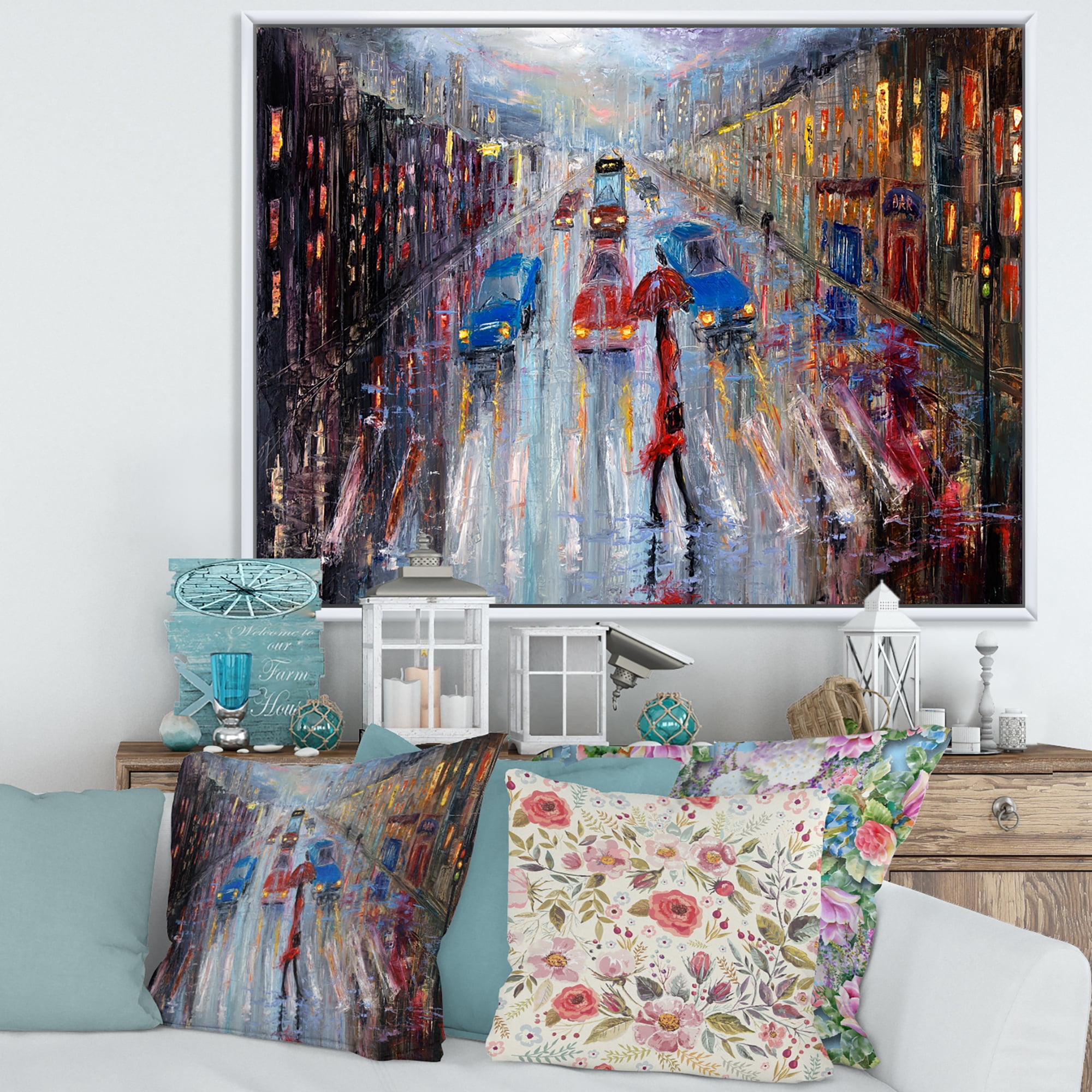 Designart 'Girl In Red Crossing The Street' Traditional Framed Canvas Wall Art Print