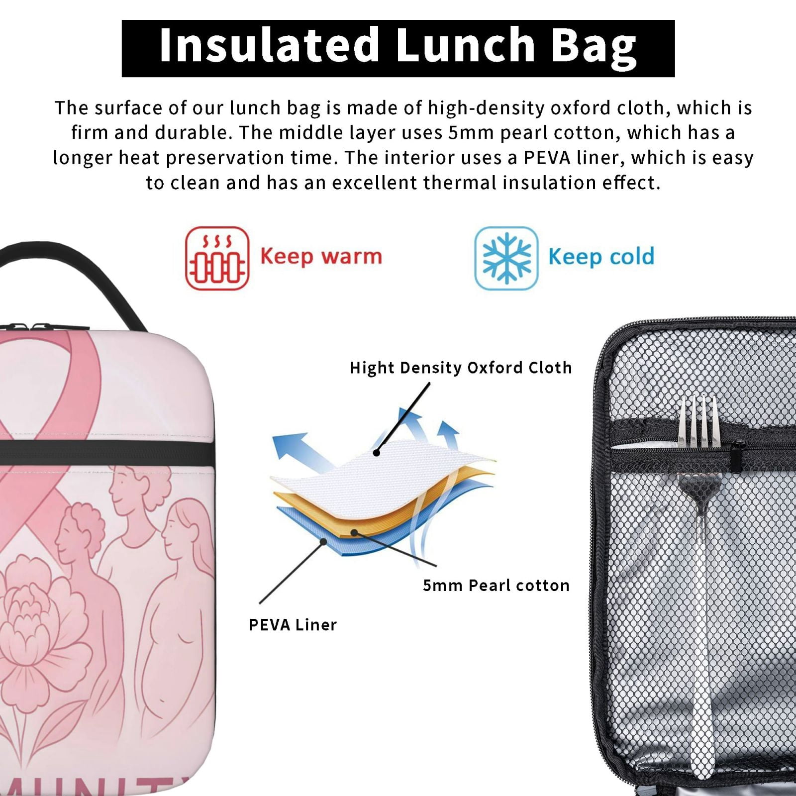 Lunch Bag For Women Men Insulated Portable Lunch Box Bento Box Office Picnic Travel Cooler Bag Breast Cancer Awareness - Community